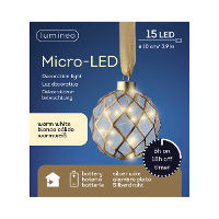 Verlichte kerstbal   glas   aan lint   D10 cm   goud   15 led lampjes   warm wit