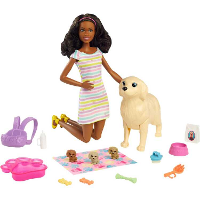 Mattel Barbie pop (brunette) met hond + puppies pop