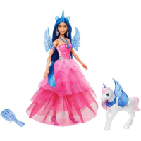 Mattel Eenhoornpop, pop voor 65e verjaardag met blauw haar, roze jurk en alicorn pop