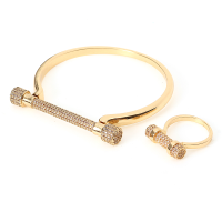 24K Gold Plated Fashion Simple Round Lock Shiny Zircon Inlay Jewelry Set Bracelet Ring For Women