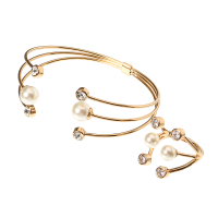 24K Gold Platinum Plated Unique Triple Circle Bracelet Artificial Pearl Ring Jewelry Set For Women