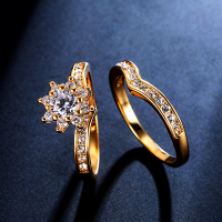 2Pcs Elegant Flower Crown Gold Plated Full Zircon Fine Finger Ring Set For Women