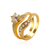 2Pcs Gold Plated Finger Ring Inlay Zircon Crown Six Prong Ring Set Women Fine Jewelry