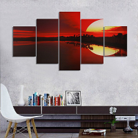 5Pcs Frameless Canvas Painting Red Dusk Lakeside Picture Modern Wall Art Home Decor