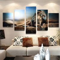 5Pcs Frameless Canvas Print Sitting Lion Wall Art Painting Picture Home Decoration