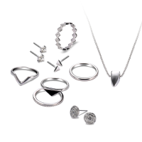 9 Pcs Of Silver Plated Rings Crystal Earrings Geometric Necklace Jewelry Set