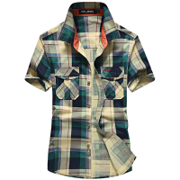 Afsjeep Mens Outdoor Cotton Plaid Printing Turn Down Collar Pocket Short Sleeve Casual Shirts