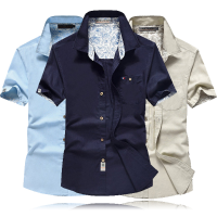 Afsjeep Mens Summer Casual Cotton Flax Breathable Wicking Short Sleeve Pocket Casual Shirts