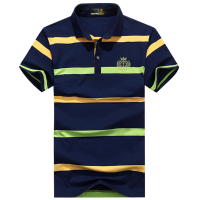 Afsjeep Summer Mens Business Striped Printed Turn Down Collar Short Sleeve Casual Cotton Polo Shirt