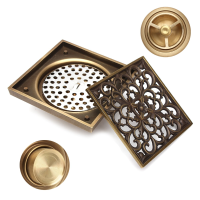 Antique Brass Square Floor Drain For Bathroom Kitchen W/ Strainer Grate 10x10x4.5Cm