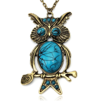 Antique Silver Bronze Blue Stone Owl Pendant Necklace Women Jewelry