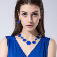 Blue Enamel Round Flat Necklace Earrings Jewelry Set Simple Style For Women