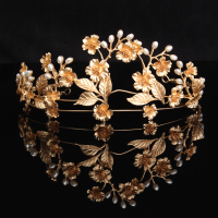 Bride Flower Leaf Bead Gold Metal Queen Crown Tiara Bridal Wedding Headpiece Headband