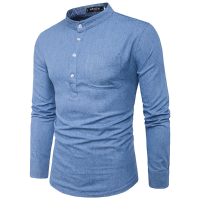 Brief Style Front Pocket Buttons Denim T Shirt Men's Casual Chinese Collar Long Sleeve Tops