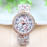 Butterfly Flowers Printed Elastic Stainless Steel Band Watch