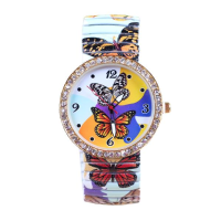 Butterfly Printed Rhinestone Elastic Stainless Steel Watch