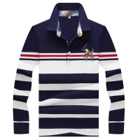 Casual Business Character Horse Embroidery Logo Polo Shirt Men's Lapel Striped Long Sleeve T Shirt