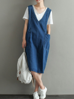 Casual Denim Women V Neck Sleeveless Pockets Dress