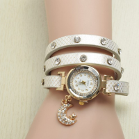 Casual Rhinestone Moon Pendant Leather Band Bracelet Watch
