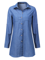 Casual Women Denim V Neck Button Long Sleeve Mini Shirt Dress