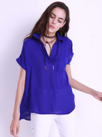 Casual Women Irregular Hem See Through Short Sleeve Loose Chiffon Lapel Tops
