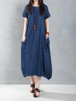 Casual Women Loose Denim Pockets Lantern Maxi Dress