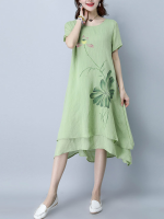 Casual Women Lotus Printed Layered Hem Short Sleeve O Neck Dress