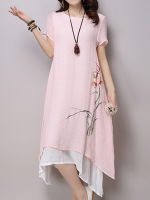 Casual Women Lotus Printing Layered Hem Summer Short Sleeve Dresses