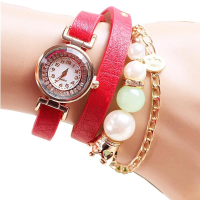 Casual Women Pearl Necklace Pu Leather Band Bracelet Watch