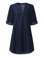 Casual Women V Neck Lace Up Asymmetrical Denim Shirt Dresses