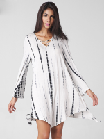 Casual Women V Neck Tie Dyed Long Sleeve Irregular Hem Boho Dresses