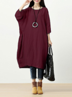 Celmia Women Casual Solid Color Mid Long Dress