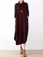 Celmia Women Turtleneck Sleeveless Pure Color Casual Dress