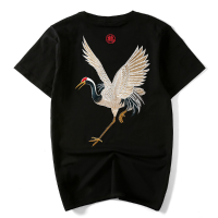 Chinese Style National Wind Embroidery Crane Cotton T Shirt