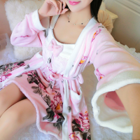 Comfortable Winter Long Sleeve Flannel Bathrobes Cartoon Polka Printed Warm Sleepwear Sets