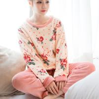 Comfy Thicken Coral Velvet Floral Printing Pajamas Flannel Long Sleeve Sleepwear Sets For Woman