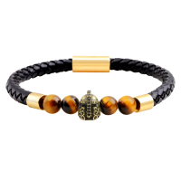 Copper Inlaid Zirconium Warrior Helmet Leather Men Bracelet