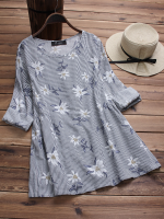 Cotton Floral Print Stripe O neck Blouse