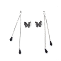 Crystal Black Butterfly Pendant Tassel Drop Earrings For Women