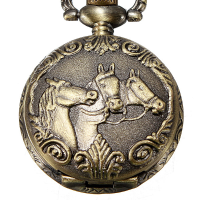 Deffrun Bronze 3 Horse Engrave Quartz Pocket Watch Necklace