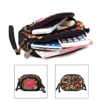 Double Sided Embroidery Flower Three Layer Canvas Messenger Bag Phone Bag For Phone Under 6.0 Inches