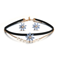 Elegant Gift For Women Blue Rhinestone Pearl Flower Double Layer Choker Necklace Snowflake Earrings
