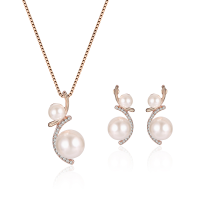 Fashion Artificial Pearl Jewelry Set Drop Earrings Elegant Rose Gold Color Chain Necklace