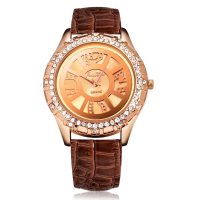 Fashion Crystal Big Dial Women Leather Quartz Wrist Watch
