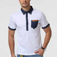 Fashion Personality Denim Patchwork Pocket T Shirts Mens Lapel Collar Short Sleeve T Shirt