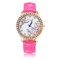 Fashion Rhinestone Flower Pu Leather Band Women Analog Quartz Wrist Watch