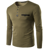Fashion Unique Pocket Men's T Shirt Casual O Neck Slim Fit Long Sleeved Tees