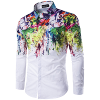 Flowers Splash Ink Splashed Paint Printing Lapel Long Sleeved Men Shirt