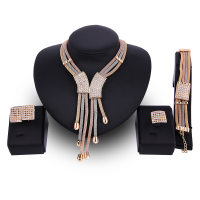 Geometric Tassel Chain Rhinestone Necklace Earrings Ring Bracelet Four Piece Suit Jewelry Set