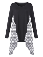 Gracila Casual Long Sleeve Striped Patchwork Irregular Hem T Shirt For Female